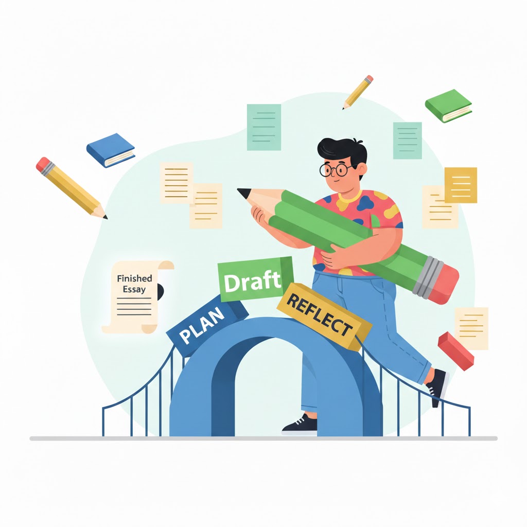 Illustration of a student walking across a bridge representing the self-regulated learning process (Plan, Draft, Reflect) towards a finished essay, with books, papers, and pencils floating around. The student is holding a large pencil, symbolizing active engagement in writing and critical thinking in the age of AI.