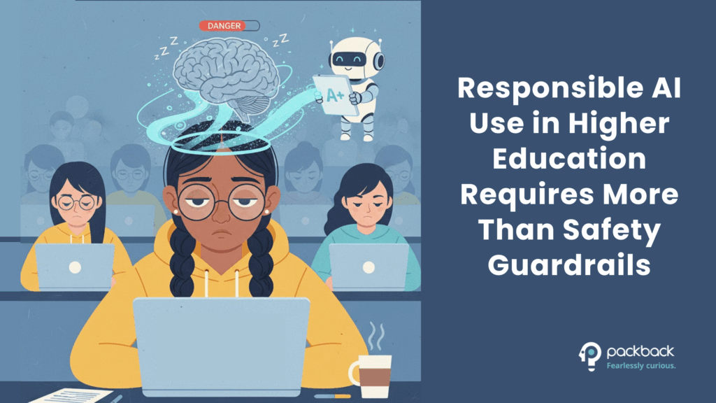 A group of diverse higher education students on a university campus, representing the need for responsible AI that is built for instruction, not just safety.